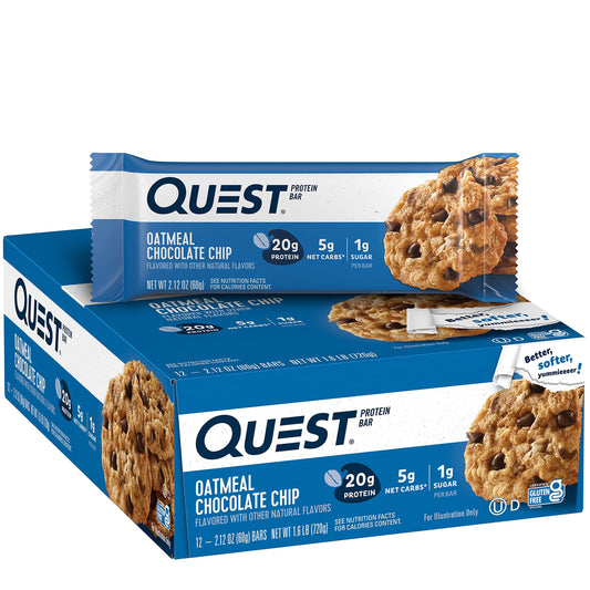 Quest Nutrition Oatmeal Chocolate Chip Protein Bars, 20g Protein, 1g Sugar, 5g Net Carb, Gluten Free, Keto Friendly, 12 Count - PCTechSupply.com