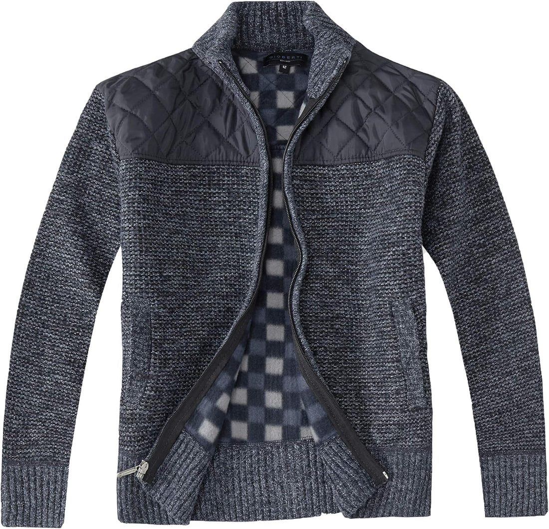 Gioberti Boy's Knitted Full Zip Cardigan Sweater with Soft Brushed Flannel Lining