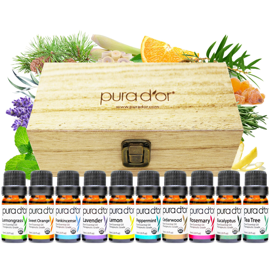 PURA D'OR Organic Perfect10 Essential Oils Set - 10x 10mL Wood Box Aromatherapy Gift Set - 100% Pure Therapeutic Grade for Relaxation and Wellness (Lavender, Peppermint, Eucalyptus, Tea Tree & More) - PCTechSupply.com