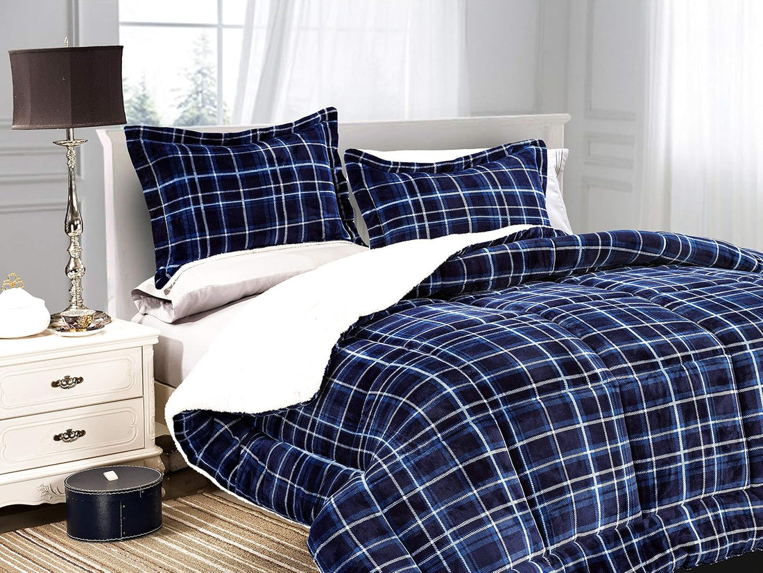 Elegant Comfort Softest, Coziest Heavy Weight Plaid Pattern Micromink Sherpa-Backing Premium Quality Down Down Alternative Micro-Suede 2-Piece Reversible Comforter Set, Twin/Twin XL, Navy Blue