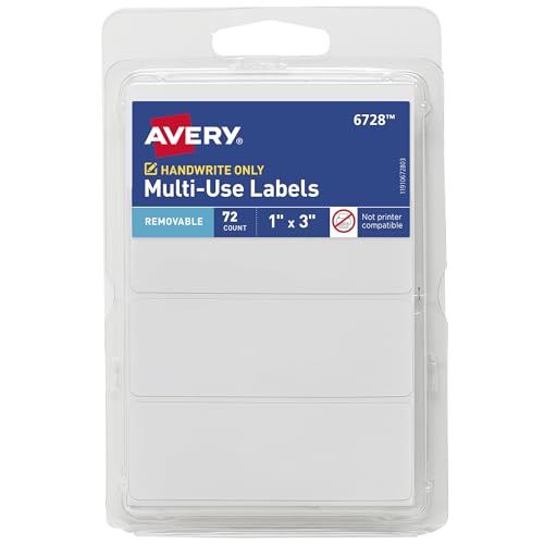 Avery Multi-Use Removable Labels, 1" x 3", White, Non-Printable, 72 Blank Labels Total (6728)