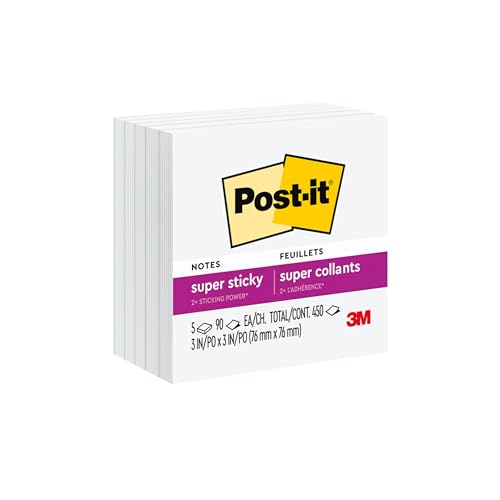 Post-it Super Sticky Notes, 3x3 in, 5 Pads, 2x the Sticking Power, White, Recyclable(654-5SSW)