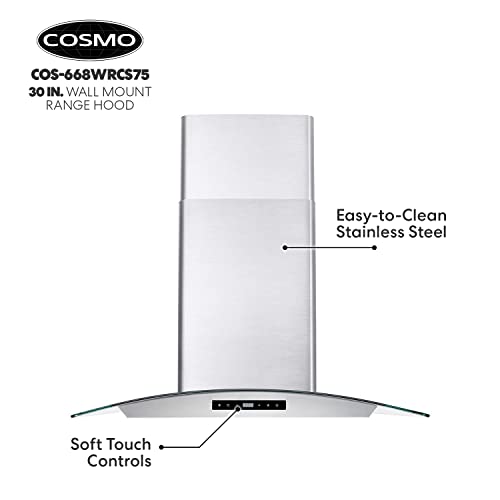 COSMO 668WRCS75 Wall Mount Range Hood with Ducted Exhaust Vent, 3 Speed Fan, Soft Touch Controls, Tempered Glass, Permanent Filters in Stainless Steel, 30 inches