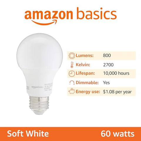 Amazon Basics A19 LED Light Bulbs, 60 Watt Equivalent, Energy Efficient 9W, E26 Standard Base, Soft White 2700K, Dimmable, 10,000 Hour Lifetime , 6-Pack