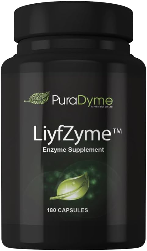 LiyfZyme Plant Based Digestive Enzyme Supplement - 180 Veggie Caps. PuraDyme By Lou Cornoa.