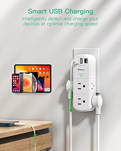 USB Outlet Extender Surge Protector - with Rotating Plug, 6 AC Multi Plug and 3 USB Ports (1 C), 1800 Joules, 3-Sided Swivel Power Strip Spaced Splitter for Home, Office, Travel