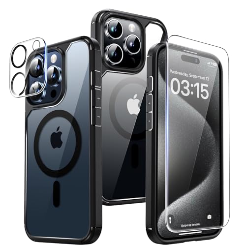 TAURI Magnetic for iPhone 15 Pro Max Case Black, [Designed for Magsafe] with 2X Screen Protector + 2X Camera Lens Protector, Military-Grade Drop Protection Slim Case for iPhone 15 Pro Max