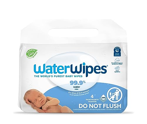 WaterWipes Plastic-Free Original-baby Wipes, 99.9% Water Based Wipes, Unscented & Hypoallergenic for Sensitive Skin, 240 Count (4 packs), Packaging May Vary