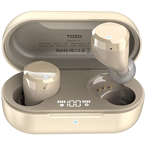 TOZO T12 Wireless Bluetooth Earbuds with Premium Sound, Wireless Charging Case, IPX8 Waterproof, Built-in Mic for Sport