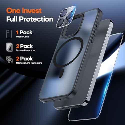 TAURI 5 in 1 Magnetic for iPhone 15 Pro Case Frosted Black, [Designed for Magsafe] with 2X Screen Protectors +2X Camera Lens Protectors, Shockproof Slim Matte Case for iPhone 15 Pro, 6.1"