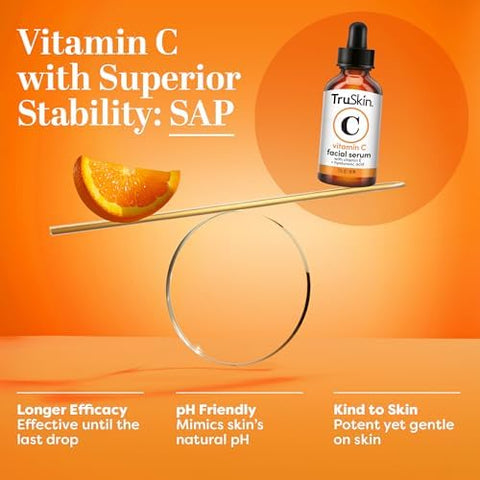 TruSkin Vitamin C Serum – Anti Aging Facial Serum with Vitamin C, Hyaluronic Acid, Vitamin E – Brightening Serum – Even Skin Tone, Improve Appearance of Dark Spots, Fine Lines & Wrinkles, 2 Fl Oz