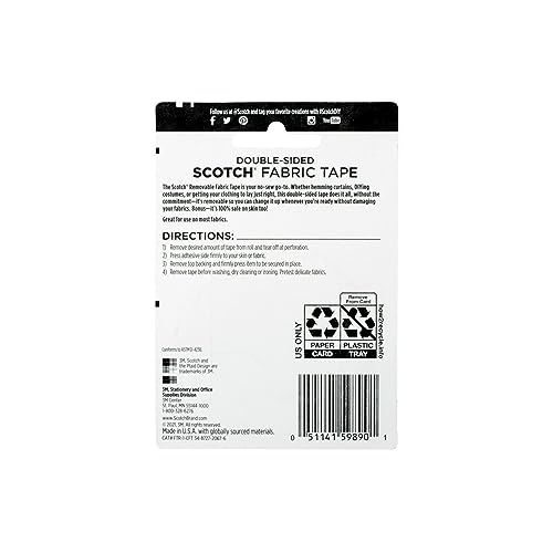 Scotch Removable Fabric Tape, 3/4 in x 180 in, 1/Pack, Removable and Double Sided (FTR-1-CFT)