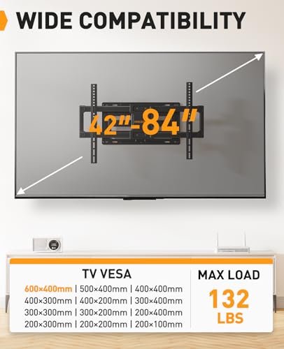 Perlegear UL Listed Full Motion TV Wall Mount for Most 42–84 inch Flat Curved TVs up to 132 lbs, 12″/16″ Wood Studs, Bracket with Articulating Arms, Swivel, Tool-Free Tilt, Max VESA 600x400mm PGLF12