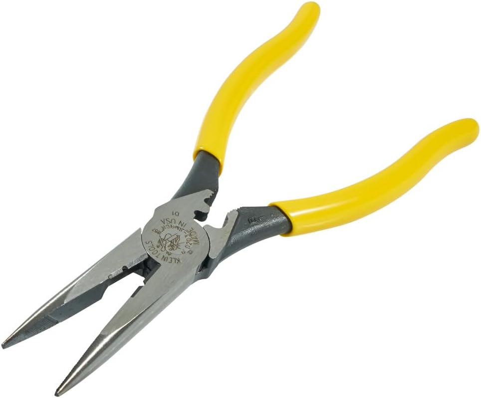 Klein Tools D203-8NCR Long Nose Side-Cutter Strip/Crimp Pliers, Induction Hardened and Heavier For Increased Cutting Power, 8-Inch