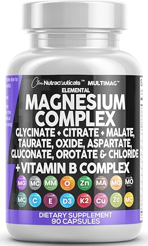 Magnesium Complex 2285mg with Magnesium Glycinate Citrate Malate Oxide Taurate Aspartate Gluconate Orotate & Mag Chloride, Zinc Copper Manganese & Vitamin C B1 B2 B6 B12 Complex - 90 Count