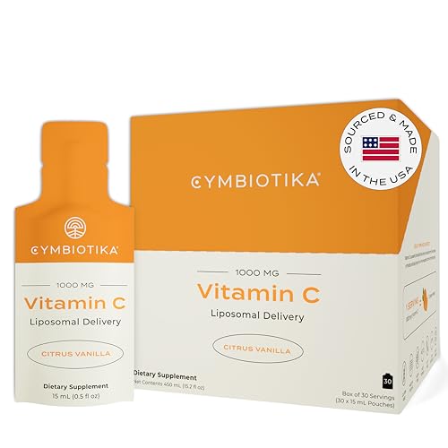 CYMBIOTIKA Vitamin C Individual Packets, Liposomal Delivery, Supplement for Immune Support, Collagen Boost, & Healthy Aging, Skin Hydration Packets, Citrus Vanilla Flavor, 30 Pack