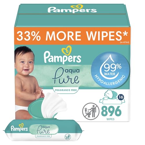Pampers Baby Wipes Aqua Pure, 99% water-based wipes, Hypoallergenic and Unscented Baby Wipes, 896 Wipes Total (16 Flip-Top Packs)