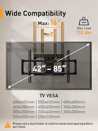 Perlegear UL Listed Full Motion TV Wall Mount for 42-85 inch TVs up to 132 lbs, TV Mount with Dual Articulating Arms, Tool-Free Tilt, Swivel, Extension, Leveling, Max VESA 600x400mm, 16" Studs, PGLF8