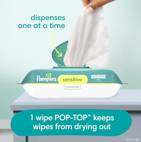 Pampers Baby Wipes Sensitive, Water Based Baby Wipes, Hypoallergenic and Unscented Baby Wipes, 1008 Wipes Total (12 Flip-Top Packs)