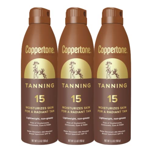 Coppertone Tanning Sunscreen Spray, SPF 15 Broad Spectrum Tanning Sunscreen, Water Resistant Sunscreen, 5.5 Oz, Pack of 3