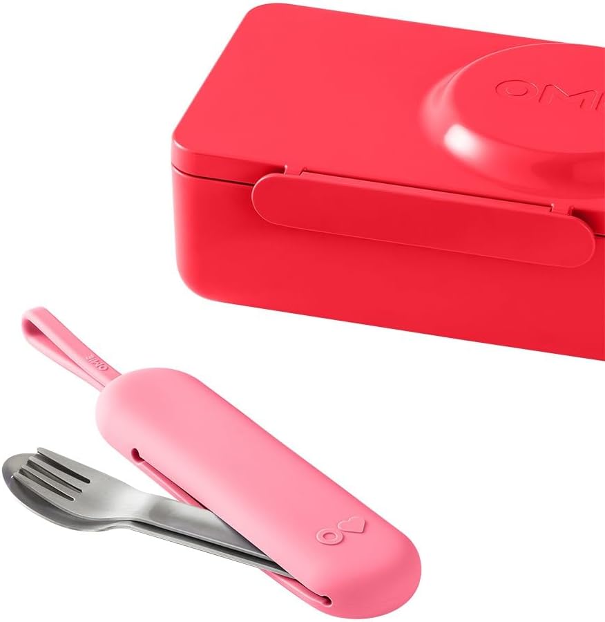 Omie OmieBox Travel Fork & Spoon Set with Case, Pink