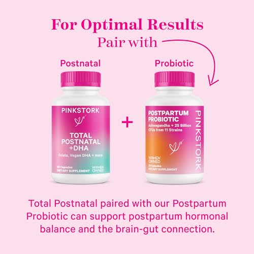 Pink Stork Total Postnatal Vitamins for Women with Vegan DHA, Iron, Folate, and Vitamin B12, Postpartum Recovery Essentials, Daily Supplement for Breastfeeding Moms - 1 Month Supply