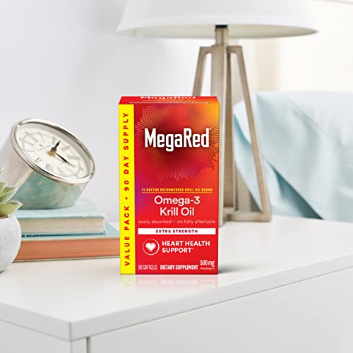 MegaRed Antarctic Krill Oil 500mg Omega 3 Fatty Acid Supplement, Extra Strength EPA & DHA Softgels (90cnt box), Antioxidant Astaxanthin, Heart Health Supplement With No Fish Oil Aftertaste