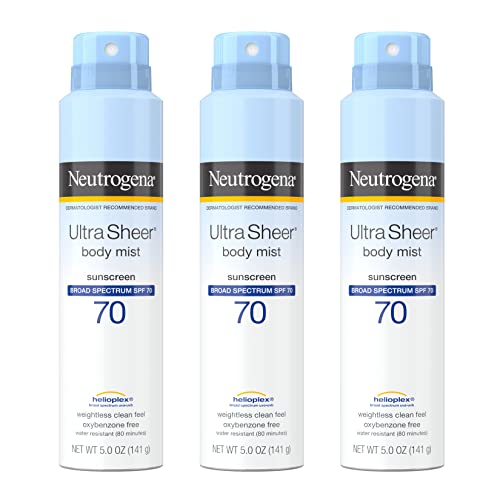 Neutrogena Sunscreen Spray, Ultra Sheer ® Body Mist, Broad Spectrum SPF 70, Non-Greasy Water Resistant Body Sunscreen Mist, Non-Comedogenic, 5 oz (Pack of 3)