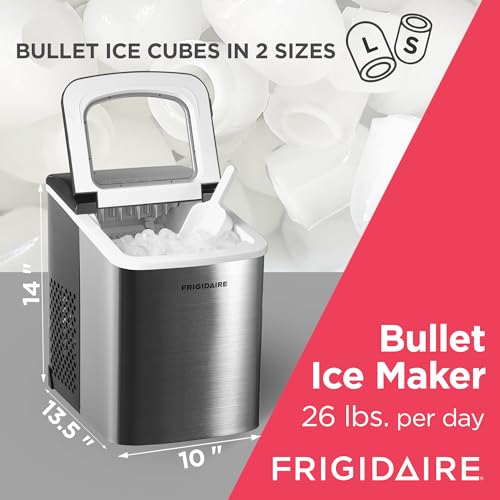 Frigidaire Compact Countertop Ice Maker, Makes 26 Lbs. Of Bullet Shaped Ice Cubes Per Day, Silver Stainless