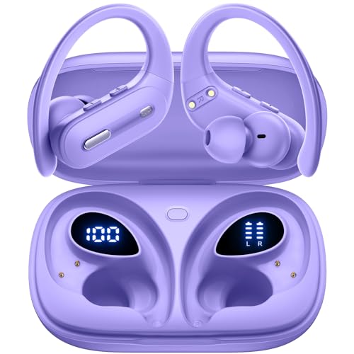 Wireless Earbuds V5.3 Bluetooth Headphones 90 Hrs Playtime Earbuds with Wireless Charging Case Power Display Over-ear Earphones with Earhooks Waterproof Stereo Headset for Android phone Workout Purple