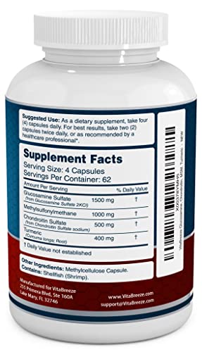 VitaBreeze Glucosamine Chondroitin, MSM & Turmeric Dietary Supplement - 248 Capsules