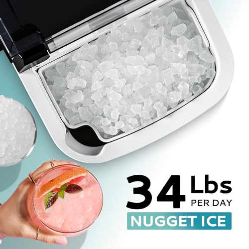 EUHOMY Nugget Ice Maker Countertop with Handle, Ready in 6 Mins, 34lbs/24H, Removable Top Cover, Auto-Cleaning, Portable Sonic Ice Maker with Basket and Scoop, for Home/Party/RV/Camping. (Silver)