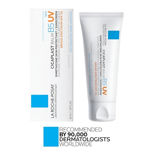 La Roche-Posay Cicaplast Balm B5 UV SPF 50, Vitamin B5 + Shea Butter + Tribioma + Madecassoside + Zinc Oxide Sunscreen, Post Treatment Skin Protectant With SPF, Multi-Purpose Cream For Dry Skin