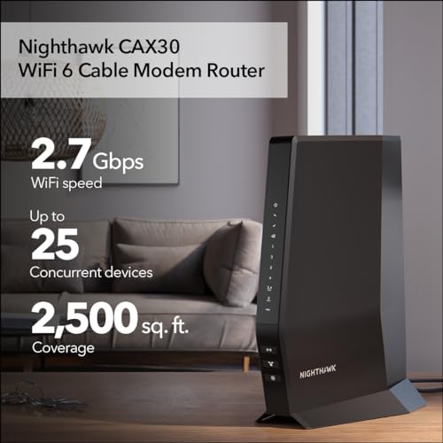 NETGEAR Nighthawk WiFi 6 Cable Modem Router CAX30 Compatible with Xfinity, Spectrum, and Cox, AX2700 (Up to 2.7Gbps) DOCSIS 3.1