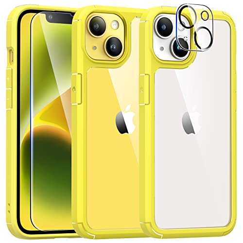 TAURI 5-in-1 Designed for iPhone 14 Case, [Not Yellowing] with 2X Screen Protectors + 2X Camera Lens Protectors, [Military Grade Drop Protection] Shockproof Slim 14 Cover 6.1 Inch - Yellow