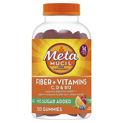 Metamucil Fiber Gummies for Adults with Vitamins C, D, B12 for Metabolism, No Sugar Added Citrus Berry Flavor, 5g Plant Based Prebiotic Fiber Supplement Blend, 120 Count