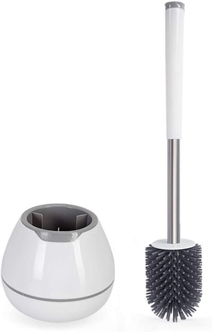 BOOMJOY Toilet Brush and Holder Set, Silicone Toilet Bowl Cleaner Brush, Bathroom Cleaning Bowl Kit with Tweezers, Bathroom Accessories with Aluminum Handle - White