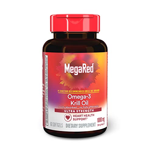 MegaRed #1 Doctor Recommended Krill Oil Brand - 1000mg Omega 3 Supplement with EPA, DHA, Astaxanthin & Phospholipids, Supports Heart, Brain, Joint and Eye Health, No Fish Aftertaste 60 Softgels