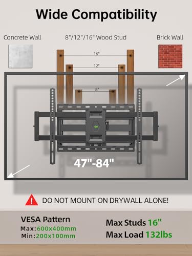 USX MOUNT Full Motion TV Wall Mount for Most 47-84 inch Flat Screen/LED/4K TV, TV Mount Bracket Dual Swivel Articulating Tilt 6 Arms, Max VESA 600x400mm, Holds up to 132lbs, Fits 8” 12” 16" Wood Studs