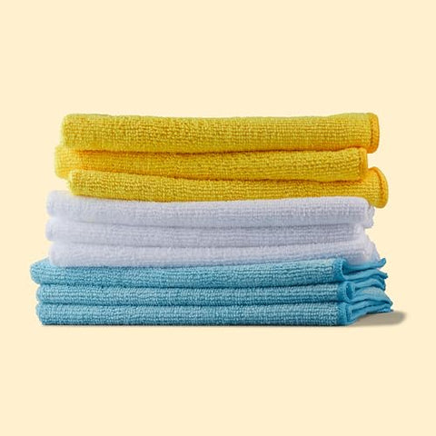 Amazon Basics Microfiber Cleaning Cloths, Non-Abrasive, Reusable and Washable, Pack of 48, Blue/White/Yellow, 16" x 12"