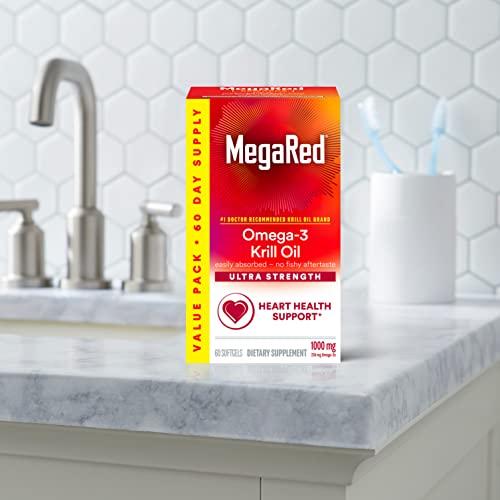 MegaRed #1 Doctor Recommended Krill Oil Brand - 1000mg Omega 3 Supplement with EPA, DHA, Astaxanthin & Phospholipids, Supports Heart, Brain, Joint and Eye Health, No Fish Aftertaste 60 Softgels