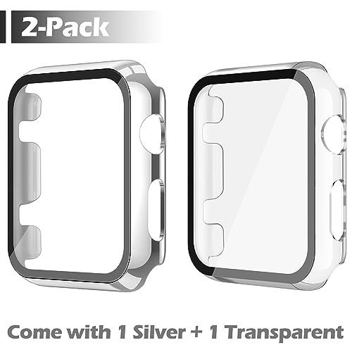 Misxi 2 Pack Hard PC Case with Tempered Glass Screen Protector Compatible with Apple Watch Series 2 Series 3 42mm, Anti-Drop Scratch Resistant Lightweight Cover for iWatch, 1 Silver + 1 Transparent