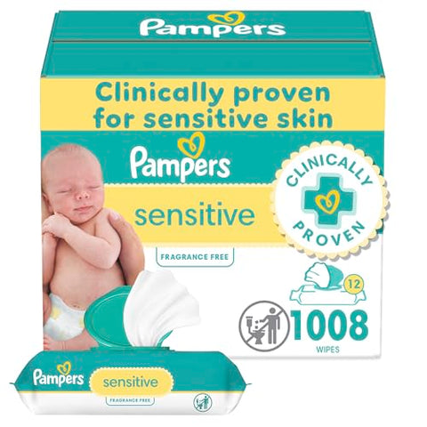 Pampers Baby Wipes Sensitive, Water Based Baby Wipes, Hypoallergenic and Unscented Baby Wipes, 1008 Wipes Total (12 Flip-Top Packs)