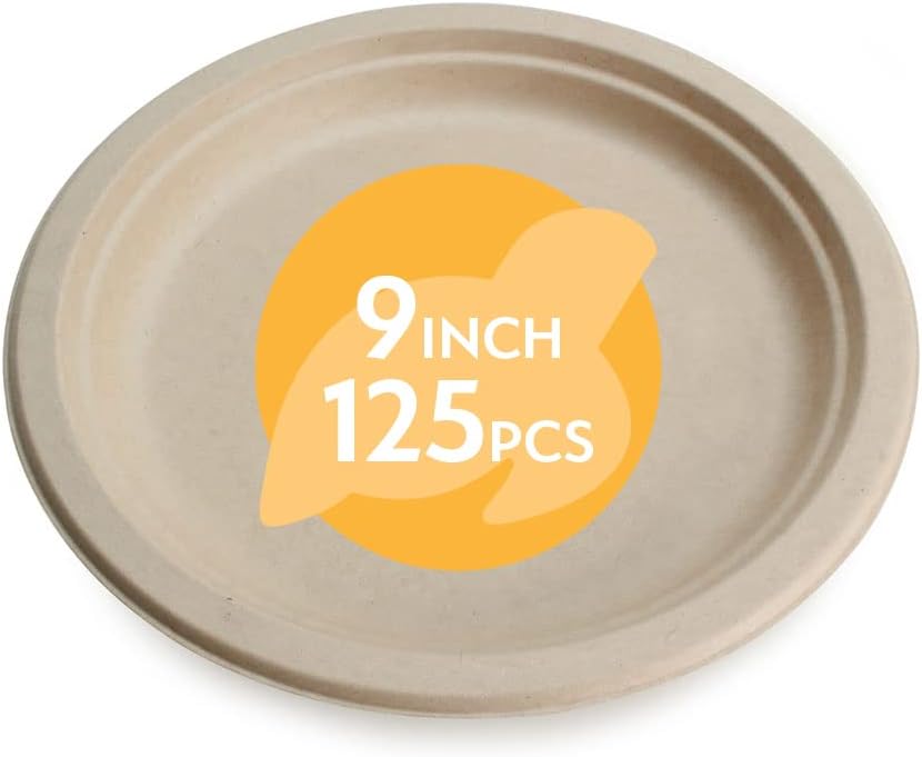100% Compostable Disposable Paper Plates Bulk [9" 125 Pack], Bamboo Plates, Eco Friendly, Biodegradable, Sturdy Large Dinner Party Plates, Heavy-Duty, Unbleached by Earth's Natural Alternative
