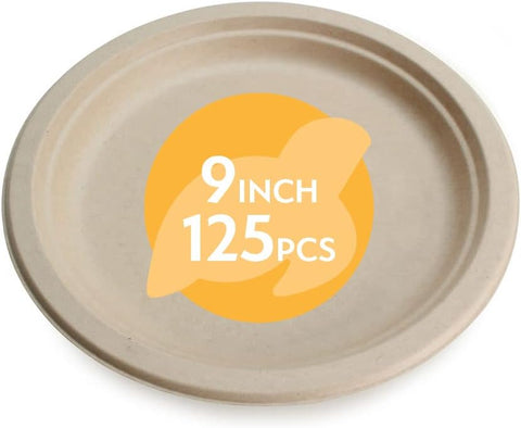 100% Compostable Disposable Paper Plates Bulk [9" 125 Pack], Bamboo Plates, Eco Friendly, Biodegradable, Sturdy Large Dinner Party Plates, Heavy-Duty, Unbleached by Earth's Natural Alternative