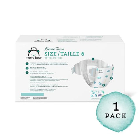 Amazon Brand - Mama Bear Gentle Touch Diapers, Hypoallergenic, Size 6, 108 Count (4 packs of 27), White