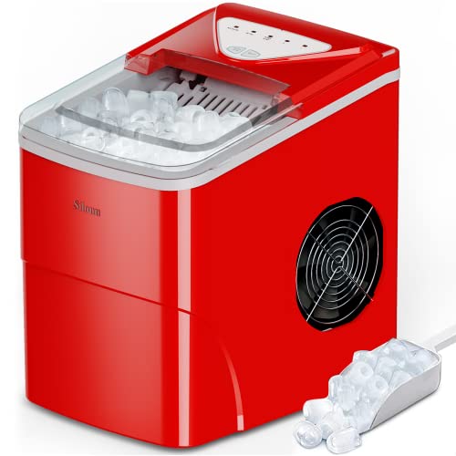 Silonn Ice Makers Countertop, 9 Cubes Ready in 6 Mins, 26lbs in 24Hrs, Self-Cleaning Ice Machine with Ice Scoop and Basket, 2 Sizes of Bullet Ice for Home Kitchen Office Bar Party, Red