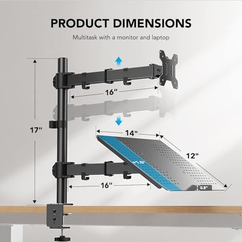 HUANUO Laptop Monitor Mount, Single Monitor Desk Mount Holds 13-32 inch Computer Screen, Laptop Notebook Desk Mount Stand Fits Up to 17 inch, Fully Adjustable Weight Up to 22 lbs