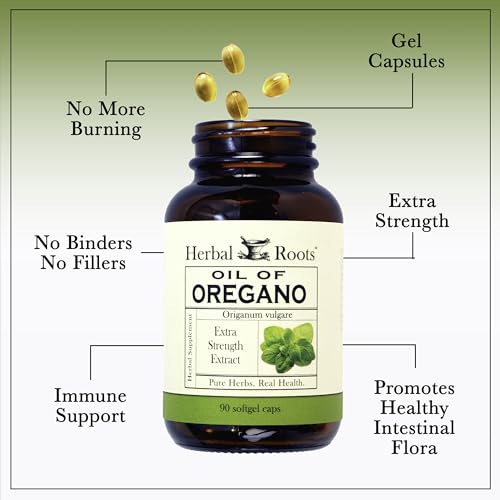 Herbal Roots Oil of Oregano - Made from Mediterranean Oregano Oil - 90 Easy to Swallow Softgel Capsules - Extra Strength 150mg