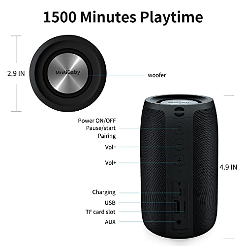 Bluetooth Speaker,MusiBaby Speaker,Wireless,Outdoor,Waterproof,Portable Speaker,Dual Pairing,Bluetooth 5.0,Loud Stereo,Booming Bass,1500 Mins Playtime for Home&Party,Gifts(Blk)